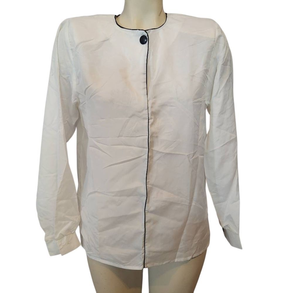 Vintage 90s Avon White Long Sleeve Blouse with Black Trim Size 7/8